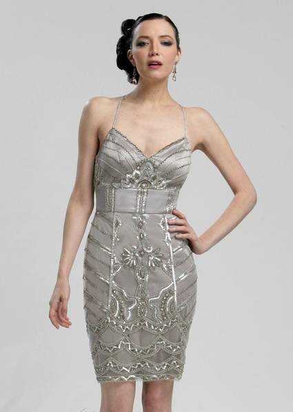Sue Wong, Sue Wong - V-neck Beaded Sheath Dress N3213 - 1 pc Platinum In Size 6 Available