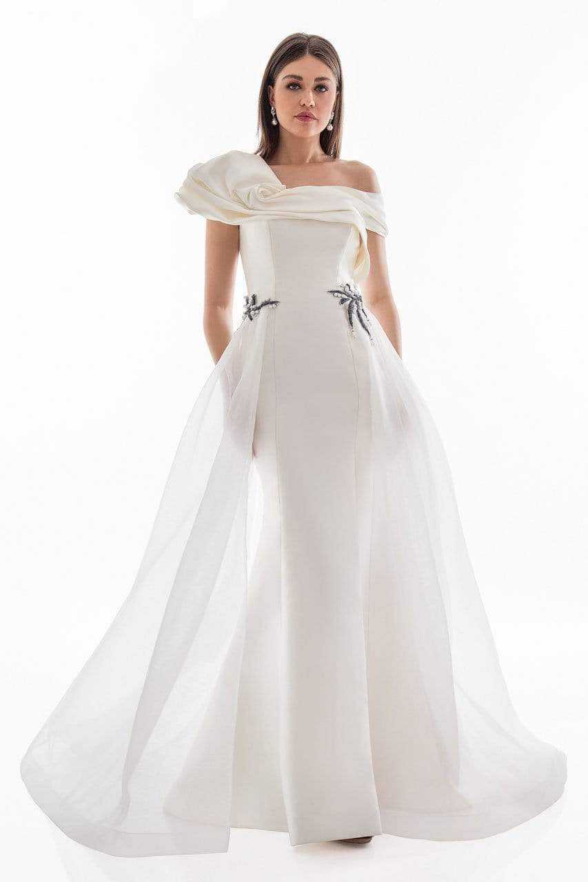 Terani Couture, Terani Couture - 1821E7100 Dramatic Off Shoulder Sheer Overskirt Gown